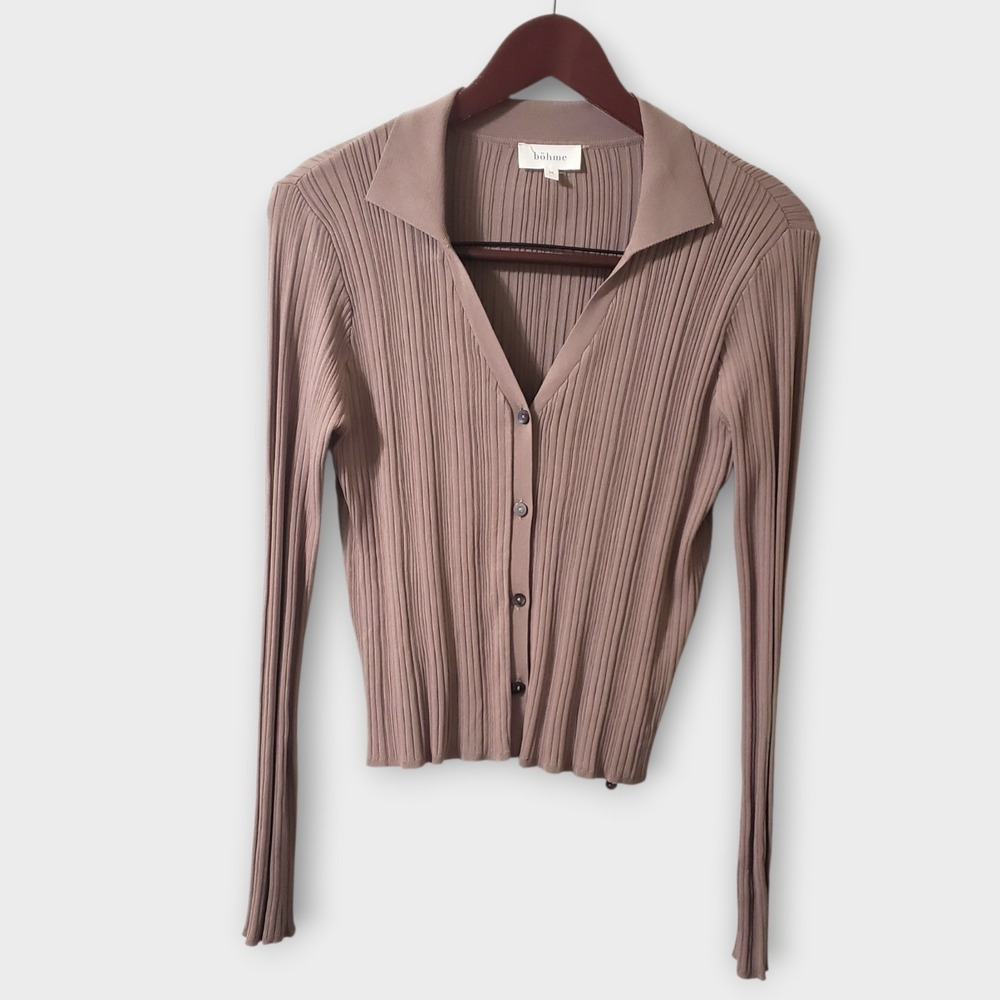 Bohme Ribbed Knit Button Down Cropped Cardigan Top Brown Collared Medium